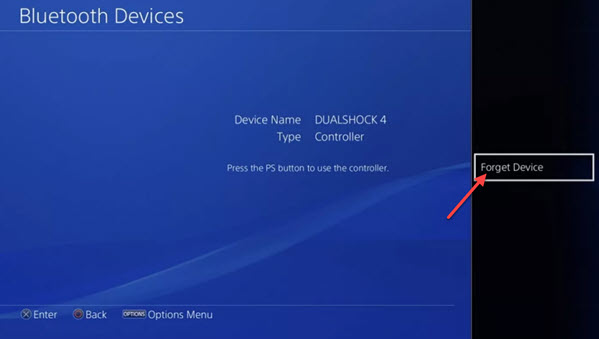screenshot showing ps4 controller forget device option