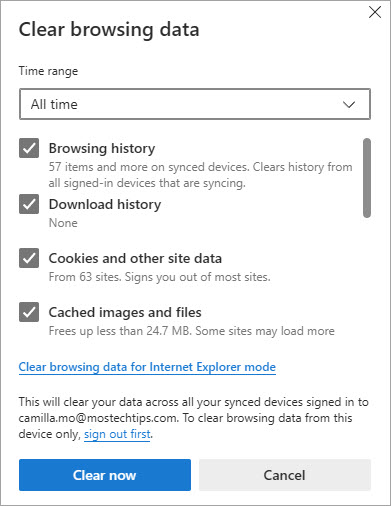 clear microsoft edge cookies and cache