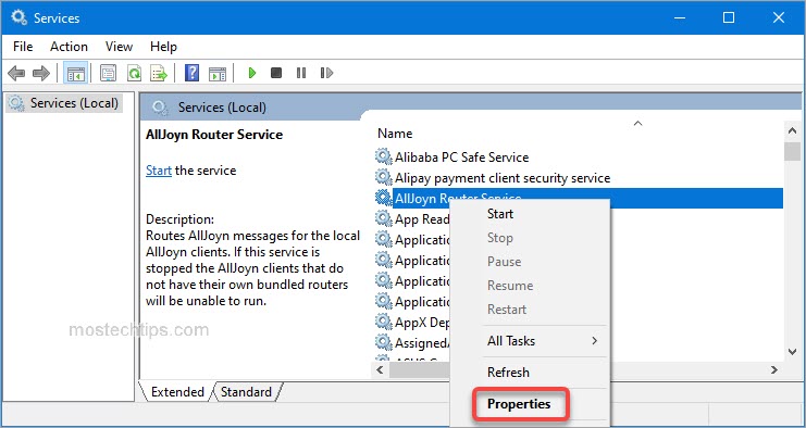 locate alljoyn router service in the service window