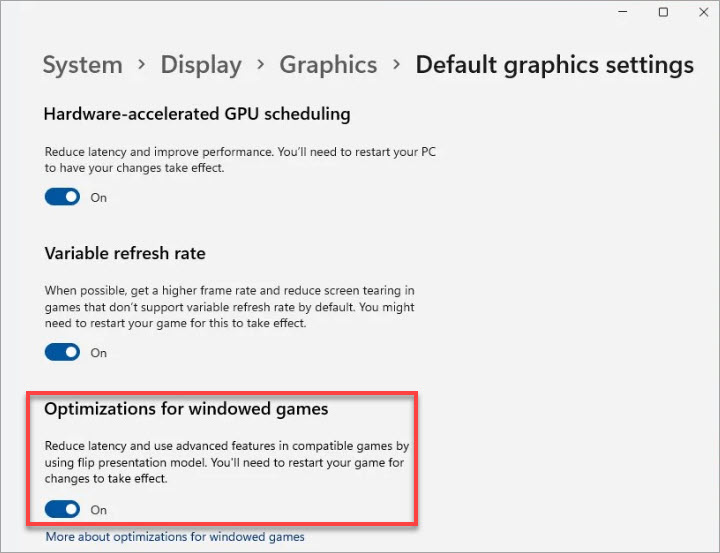 turn on optimizations for windowed games in windows 11