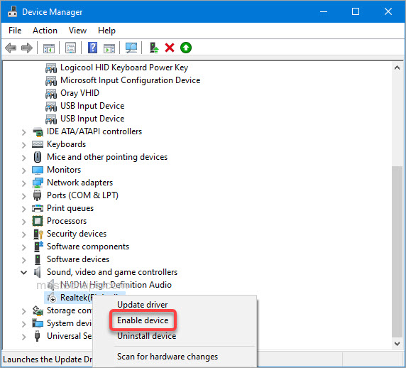 enable audio device in device manager