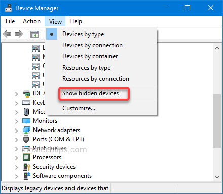 show hidden devices in device manager