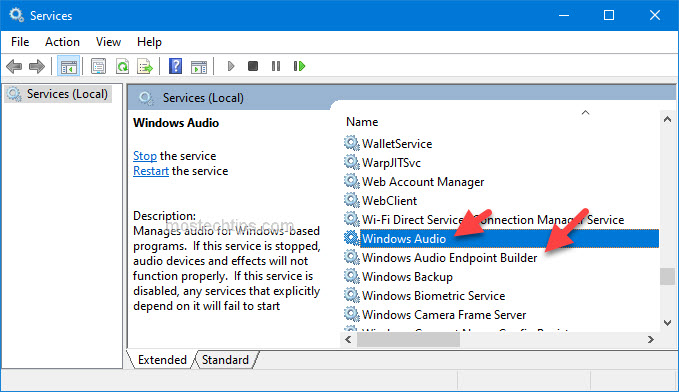 look for windows audio services