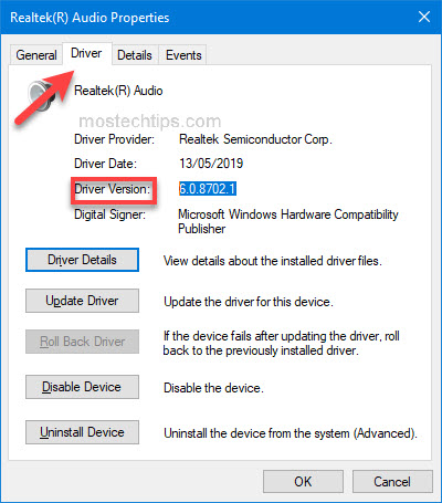 check audio driver version in device manager